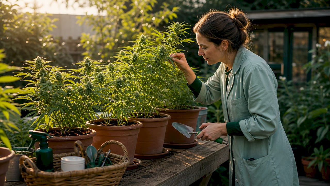 Scientist inspecting cannabis plants in greenhouse