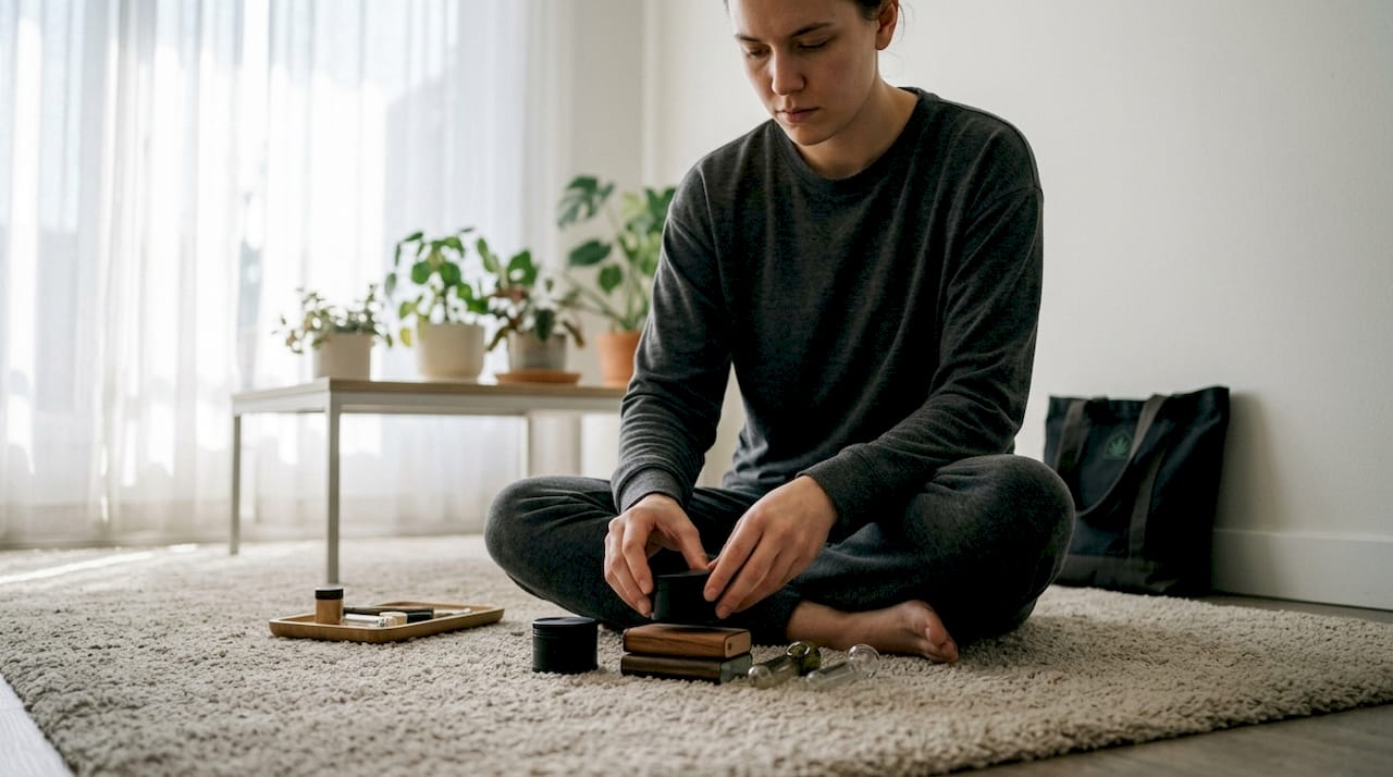 Person preparing cannabis accessories on coffee table